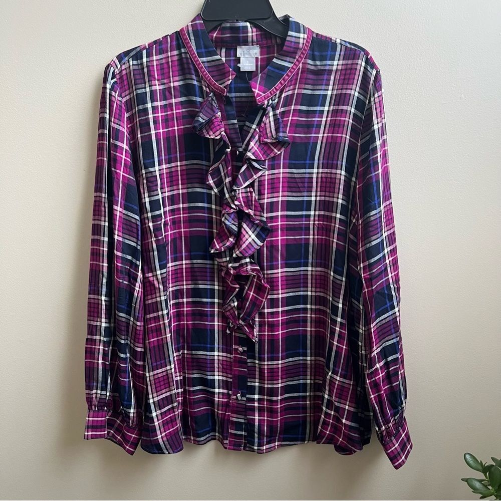 NWOT Chicos Blouse Women Purple Ruffle Neck Plaid Top Woven Blooming Dahlia XL